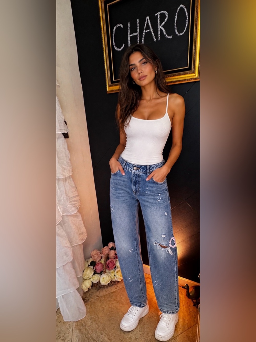 CAbi Distressed Boyfriend Jeans in Medium Blue Wash